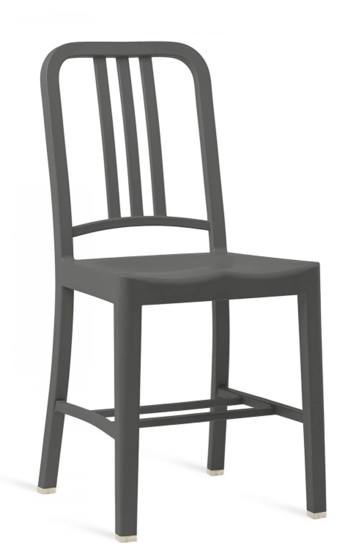 Grauer Emeco Navy Chair Stuhl mit vertikalen Streben im Rücken, modernes Möbeldesign für Esszimmer.